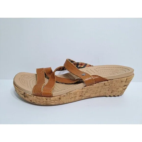 Crocs A-leigh Women's 9 Wedge Sandals Brown Leather Cork Strappy - Picture 2 of 10
